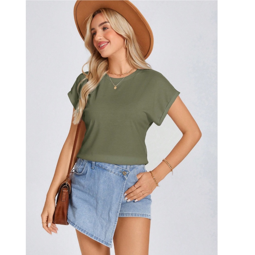 Army Green Crew Neck Muscle Tee Top Shirt Cap Sleeve, Round Neck - Picture 4 of 12